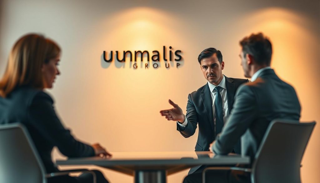 A professional and confident business person, dressed in a sharp suit, is engaged in an intense salary negotiation with a prospective employer at a modern, well-lit office. Warm, directional lighting illuminates the scene, casting dramatic shadows and highlighting the negotiator's determined expression. The Umalis Group logo is prominently displayed on the wall, signifying the company's expertise in portage salarial services. The middle ground features a sleek, minimalist desk and chairs, creating a sense of dynamic tension. The background blurs softly, emphasizing the focus on the central negotiation taking place.