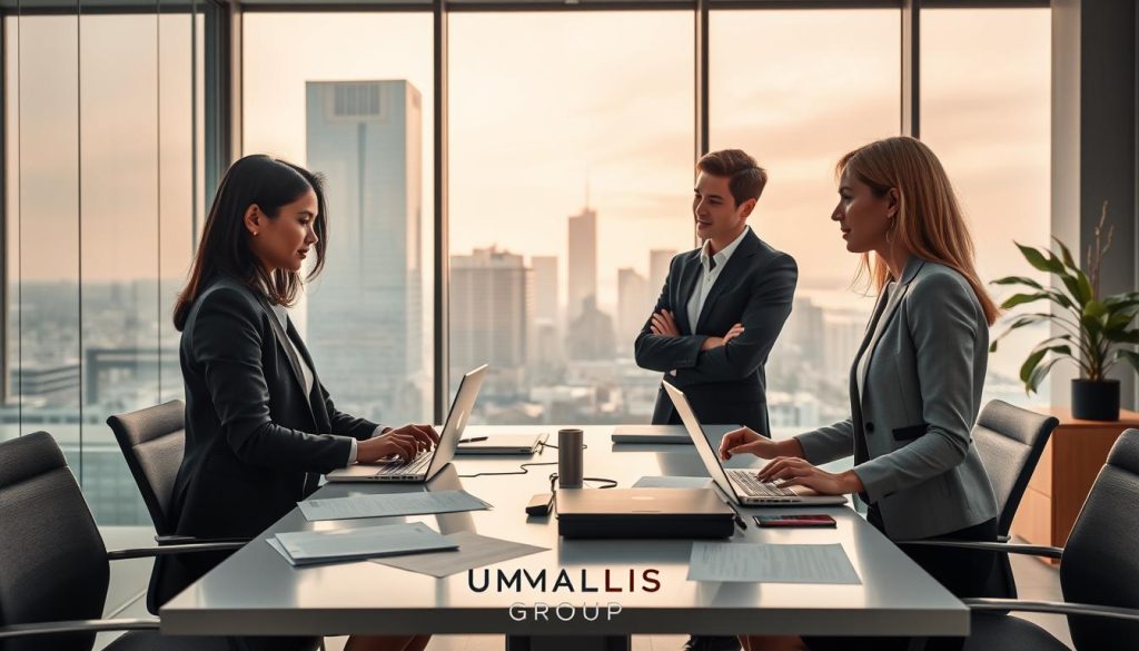 A professional and contemporary office environment illustrating the concept of "cumuler portage salarial." In the foreground, a diverse group of three professionals (a woman of Asian descent, a Black man, and a Caucasian woman) dressed in smart business attire, engaged in a discussion around a sleek conference table with laptops and documents scattered. In the middle ground, a large window showcasing a city skyline, with soft natural light filtering in, creating a dynamic atmosphere. In the background, subtle representations of digital data flow, symbolizing the blending of full-time work and consultancy. The mood is collaborative and focused, highlighting the theme of balancing a CDI with portage salarial. Include the brand name "UMALIS GROUP" subtly integrated into the office décor.