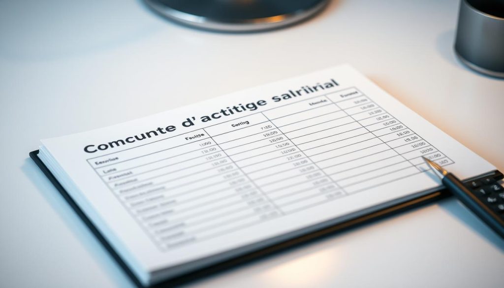 A professional and detailed account ledger with a title reading "Compte d'activité portage salarial" in the Umalis Group corporate branding, rendered in a crisp, modern style with a clean, minimalist aesthetic. The ledger sits on a desk against a neutral background, with soft lighting creating gentle shadows and highlights that draw the eye to the key details. The layout is well-organized, with clear sections and columns, conveying a sense of efficiency and transparency. The overall mood is one of financial diligence and responsible business practices.
