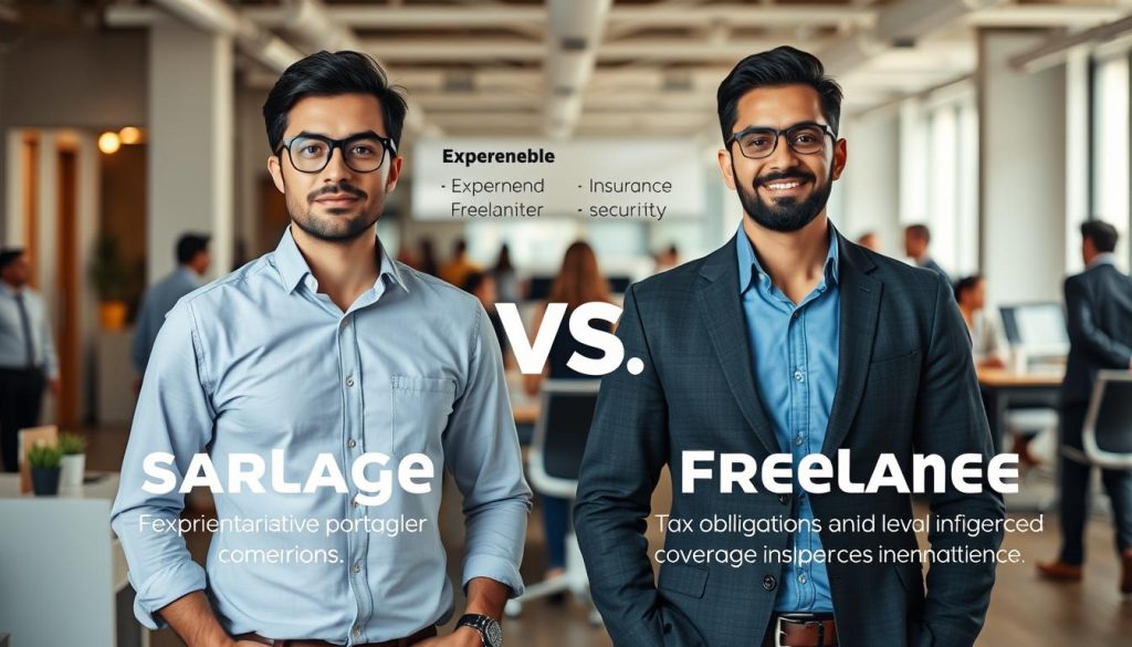 A professional and detailed comparison between salaried portage and freelance, featuring the Umalis Group brand. In the foreground, an experienced freelancer and a portage salarial worker stand side-by-side, showcasing the key differences in their work arrangements, flexibility, and financial security. In the middle ground, visual cues highlight the administrative and legal distinctions, such as tax obligations and insurance coverage. The background depicts a bustling office environment, emphasizing the contrasting work environments and client relationships. The scene is illuminated by a warm, natural light, conveying a sense of professionalism and expertise.