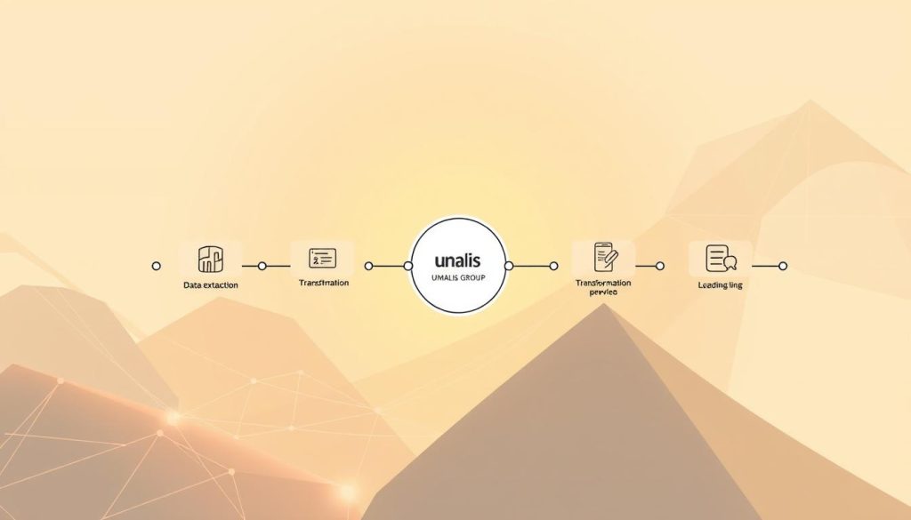 A professional and detailed data integration process diagram depicting the step-by-step journey, rendered in a clean and modern style. In the foreground, a central flow chart showcases the key stages - data extraction, transformation, and loading - with elegant icons and clear labeling. The middle ground features abstract geometric shapes and lines, representing the intricate data flows and connections. In the background, a subtle Umalis Group logo adds a touch of branding, while warm lighting and a soft, pastel color palette convey a sense of efficiency and reliability. The overall composition is balanced, visually compelling, and optimized to illustrate the "Step-by-Step Process to Integrate Data into Business Decisions".