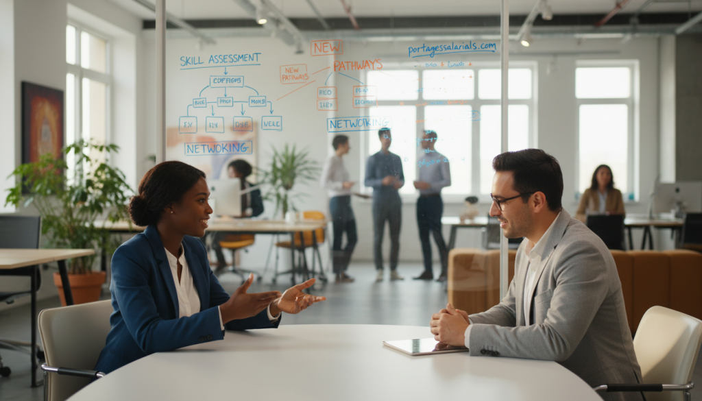 A professional and dynamic office environment, showcasing a diverse group of individuals engaged in a career transition discussion. In the foreground, a confident woman of African descent in professional attire shares her insights with a Hispanic man wearing glasses, both seated at a modern conference table. In the middle ground, a large whiteboard displays diagrams and ideas related to career change strategies, emphasized by vibrant colors. In the background, a bright, airy office filled with greenery and contemporary design elements indicates an atmosphere of innovation and collaboration. Soft, natural light streams in through large windows, creating a warm and optimistic mood. The composition invites the viewer to feel engaged and inspired about career transitions. Include the brand name "portagesalarials.com" subtly in the scene.