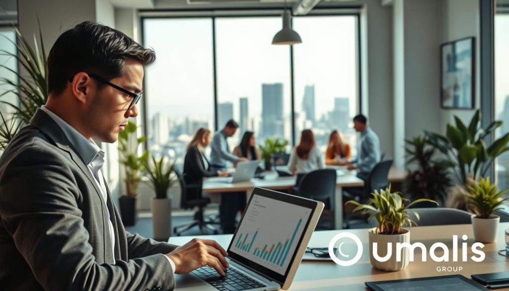 A professional and dynamic office environment showcasing the advantages of social protection in "portage salarial". In the foreground, a focused business professional in smart attire, discussing with a colleague over a laptop, analyzing data charts. In the middle, a bright, modern workspace with diverse professionals collaborating, surrounded by plants and motivational artwork. In the background, a large window reveals a vibrant city skyline under soft natural lighting. The overall atmosphere is one of productivity, opportunity, and innovation, reflecting the benefits for business professionals, especially in the data sector. The Umalis Group logo subtly integrated into the office decor, reinforcing the theme of support and growth. Capture this scene with a warm tone and a slightly wide-angle lens for depth.