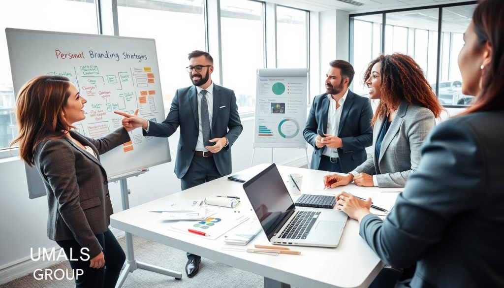 A professional and dynamic office setting, showcasing a diverse group of four individuals engaged in a lively brainstorming session about personal branding strategies. The foreground features a confident woman in a smart blazer, pointing to a whiteboard filled with colorful diagrams and bullet points. In the middle, a man in a tailored suit takes notes, while another woman in business attire listens intently. A laptop and marketing materials are scattered across a modern conference table. The background includes large windows with natural light flooding the room, creating an energetic atmosphere. The image is bright and vibrant, suggesting collaboration and expertise. Subtle elements like the logo "UMALIS GROUP" are included in the corner of the whiteboard, reinforcing the theme of professional branding. A professional and dynamic office setting, showcasing a diverse group of four individuals engaged in a lively brainstorming session about personal branding strategies. The foreground features a confident woman in a smart blazer, pointing to a whiteboard filled with colorful diagrams and bullet points. In the middle, a man in a tailored suit takes notes, while another woman in business attire listens intently. A laptop and marketing materials are scattered across a modern conference table. The background includes large windows with natural light flooding the room, creating an energetic atmosphere. The image is bright and vibrant, suggesting collaboration and expertise. Subtle elements like the logo "UMALIS GROUP" are included in the corner of the whiteboard, reinforcing the theme of professional branding.