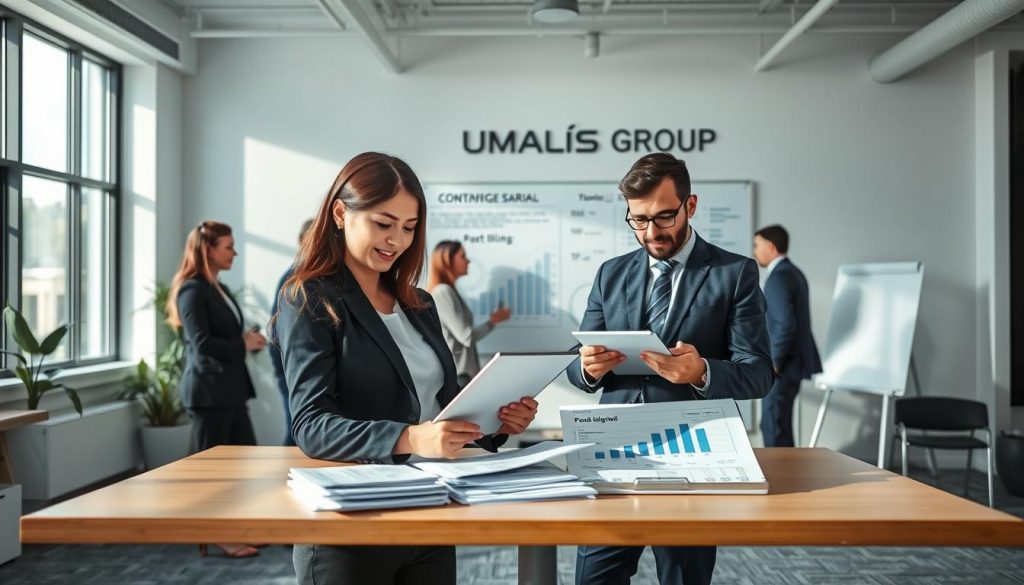 A professional and dynamic office setting showcasing a diverse group of individuals engaged in accounting tasks related to "portage salarial". In the foreground, a confident female accountant in smart business attire is reviewing documents, while a male colleague, also dressed in professional attire, discusses financial charts on a digital tablet. In the middle ground, a large whiteboard displays diagrams and key terms related to accounting missions. The background features modern office furnishings with soft, diffused natural light streaming through large windows, creating a bright and optimistic atmosphere. The brand name "UMALIS GROUP" subtly incorporated in the office decor to emphasize professionalism. Capture this scene with a clean, wide-angle lens to encompass the collaborative environment. The mood is focused, productive, and encouraging.