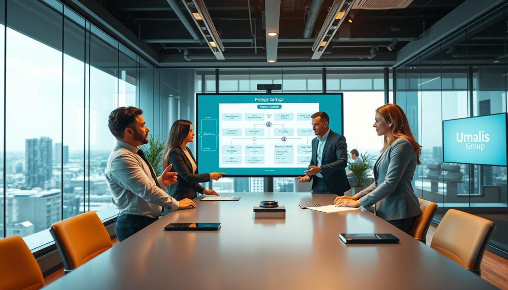 A professional and dynamic office setting showcasing the process of a mission in portage salarial, with four individuals engaged in a collaborative meeting. In the foreground, a diverse group of consultants in business attire (shirt, blazer, and trousers) actively discussing project plans around a sleek conference table. In the middle, a large screen displays a flowchart of project management processes and key milestones. The background features large windows with a cityscape view and natural light flooding the room, enhancing the atmosphere of professionalism and productivity. Use warm lighting for an inviting feel, captured with a wide-angle lens to show the team synergy. Emphasize the branding of "Umalis Group" subtly on materials and screens within the scene to convey credibility and focus on consulting.