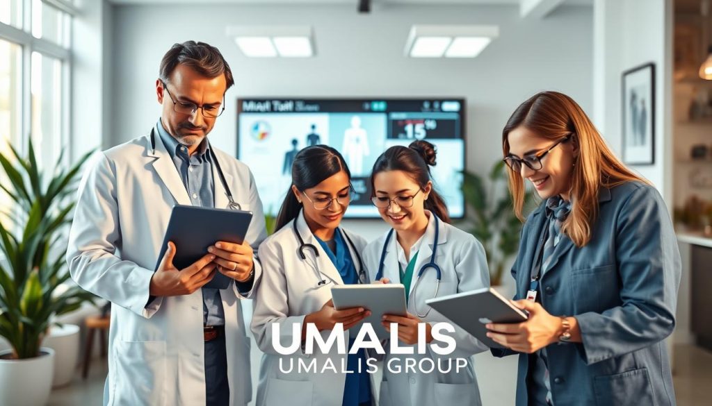 A professional and dynamic scene depicting various compatible job profiles in the medical field for a freelance environment, showcasing individuals engaged in medical consultation, administration, and telehealth. In the foreground, a diverse group of healthcare professionals, including a doctor in a lab coat, a nurse in scrubs, and a healthcare administrator in business attire, are collaborating over digital devices. In the middle, a modern office space is visible, with a large screen displaying medical data. The background features a calming, well-lit healthcare environment with plants and motivational artwork. The lighting is bright and focused, enhancing the atmosphere of professionalism and flexibility. The image incorporates the brand name "UMALIS GROUP" subtly integrated into the scene for branding purposes.