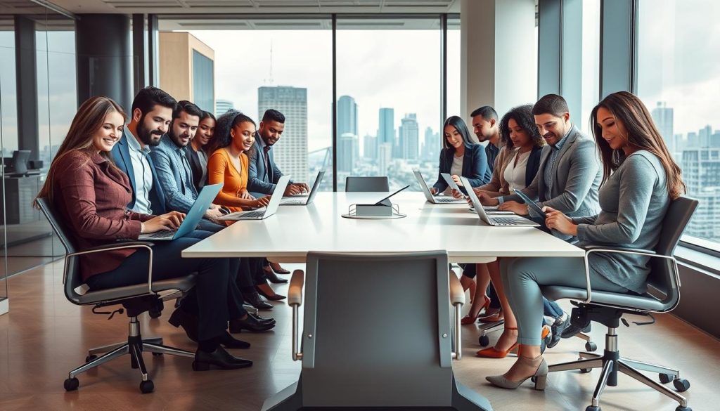 A professional and dynamic team of diverse individuals, gathered in a well-lit, modern office setting. In the foreground, colleagues collaborate on laptops, laptops, and digital tablets, showcasing the "Umalis Group" brand. The middle ground features a sleek, minimalist meeting table surrounded by ergonomic chairs, with large windows overlooking an urban skyline in the background. The atmosphere is one of productivity, innovation, and a shared sense of purpose, reflecting the dynamic nature of the "portage salarial" field.