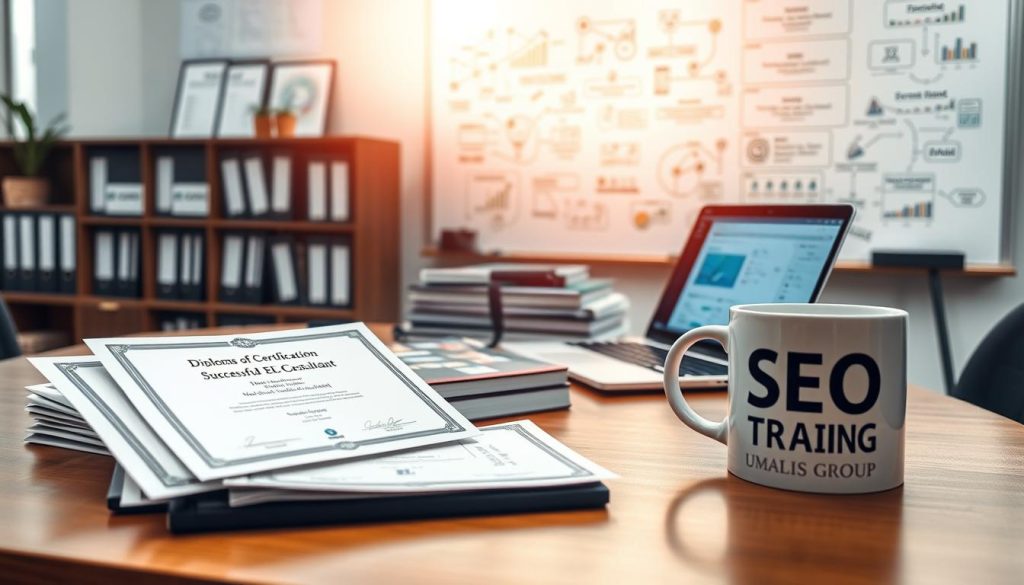 A professional and educational scene depicting a beautifully arranged workspace dedicated to SEO training. In the foreground, a collection of diplomas and certifications prominently displayed on a sleek wooden desk, showcasing the path to becoming a successful SEO consultant. In the middle ground, an open laptop with a website analytics dashboard visible, surrounded by a few SEO-related books and a coffee mug inscribed with "UMALIS GROUP". The background features a whiteboard filled with SEO strategies and diagrams illuminated by soft, natural light coming from a nearby window. The atmosphere is inspiring and focused, reflecting ambition and professionalism, framed with a slight blur to enhance the main elements. The image should evoke a sense of achievement and dedication in a modern office environment.