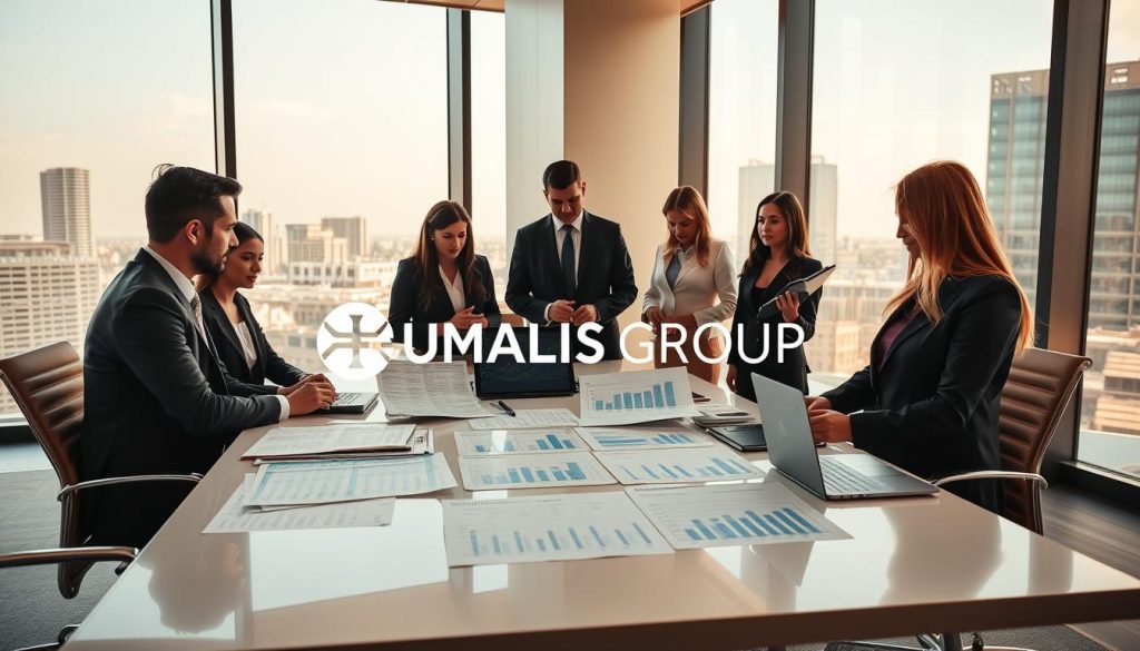 A professional and elegant office environment showcasing the concept of "rémunération portage salarial". In the foreground, a diverse group of businesspeople in professional attire, engaged in discussion, analyzing charts and documents related to salary comparisons, daily rates (TJM), and management fees. The middle ground features a modern meeting table adorned with financial reports and a laptop displaying graphs. The background reveals a cityscape through large windows, conveying a sense of opportunity and stability. Warm, natural lighting filters in, creating an inviting atmosphere, emphasizing collaboration and professionalism. Highlight the logo of "UMALIS GROUP" subtly incorporated in the setting, ensuring focus on the remuneration topic without text overlays or distractions.