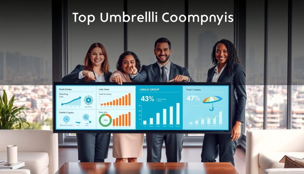 A professional and engaging comparison of top umbrella companies in the form of a visually informative infographic. The foreground features three diverse business professionals in smart business attire, pointing at a large digital screen displaying clear graphs and charts showcasing various umbrella company statistics, including UMALIS GROUP. In the middle, a modern office environment with sleek furniture, a large window allowing natural light to flood the space, and subtle greenery in the background. The background includes a skyline view of a bustling city, emphasizing a professional atmosphere. The composition should focus on clarity and professionalism, with a slightly warm color palette to convey a sense of trust and reliability, while ensuring the overall mood is informative and engaging.