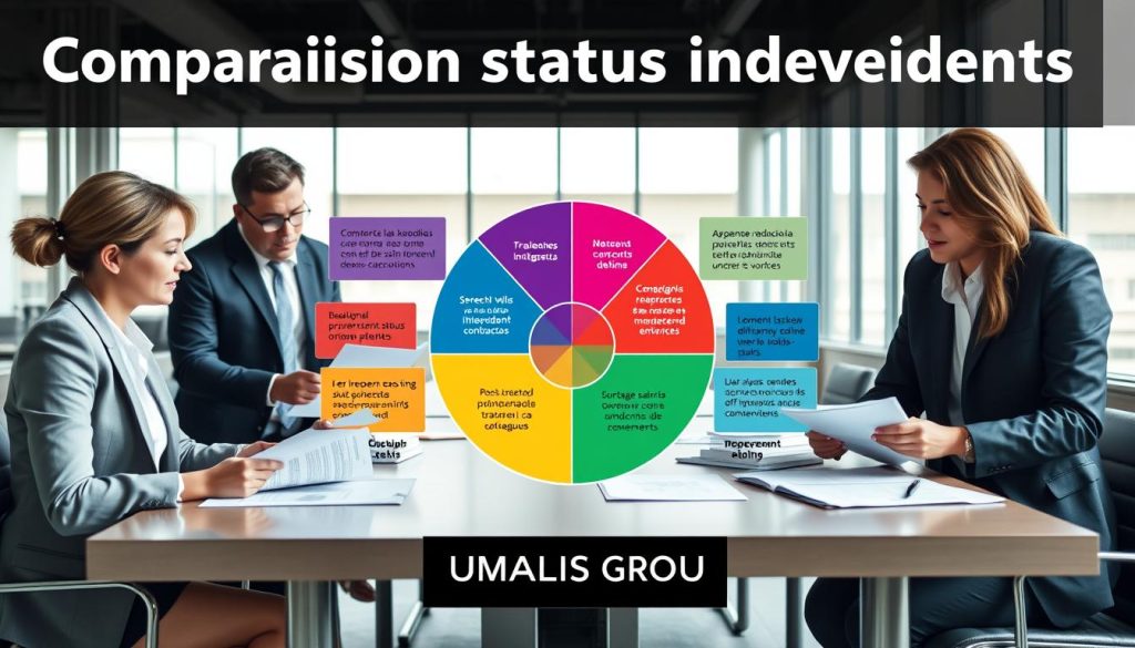 A professional and engaging comparison visualization titled "Comparaison statuts indépendants". In the foreground, feature three distinct professionals in business attire discussing documents at a conference table, symbolizing different independent status categories, such as freelancers, independent contractors, and portage salarial workers. In the middle layer, illustrate a circular infographic displaying key differences in rights and benefits among these statuses, using vibrant colors for differentiation. The background should include a modern office setting with large windows allowing natural light to flood the space, creating a bright and professional atmosphere. The mood should convey collaboration and knowledge sharing. Include the brand name "UMALIS GROUP" subtly integrated into a presentation slide on the table.