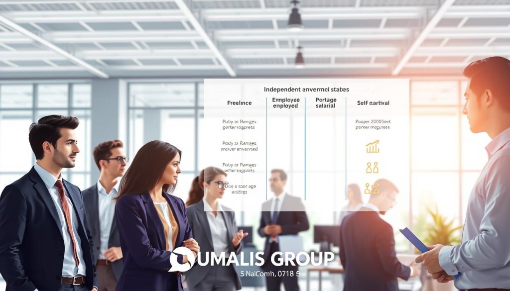 A professional and engaging illustration depicting the comparison of different independent work statuses. In the foreground, diverse professionals in smart business attire are engaging in conversation, showcasing collaboration and ideas. In the middle ground, a large, clear infographic highlights key differences between various independent employment statuses, such as freelance, self-employed, and portage salarial, with arrows and icons. In the background, a modern office environment with bright natural lighting streaming through large windows, creating an open and inviting atmosphere. The scene conveys a sense of opportunity and growth in the independent workforce. Subtle branding for "UMALIS GROUP" is integrated into the design, enhancing the professional feel without dominating the image. The overall mood is optimistic and forward-thinking, emphasizing the potential of independent work.