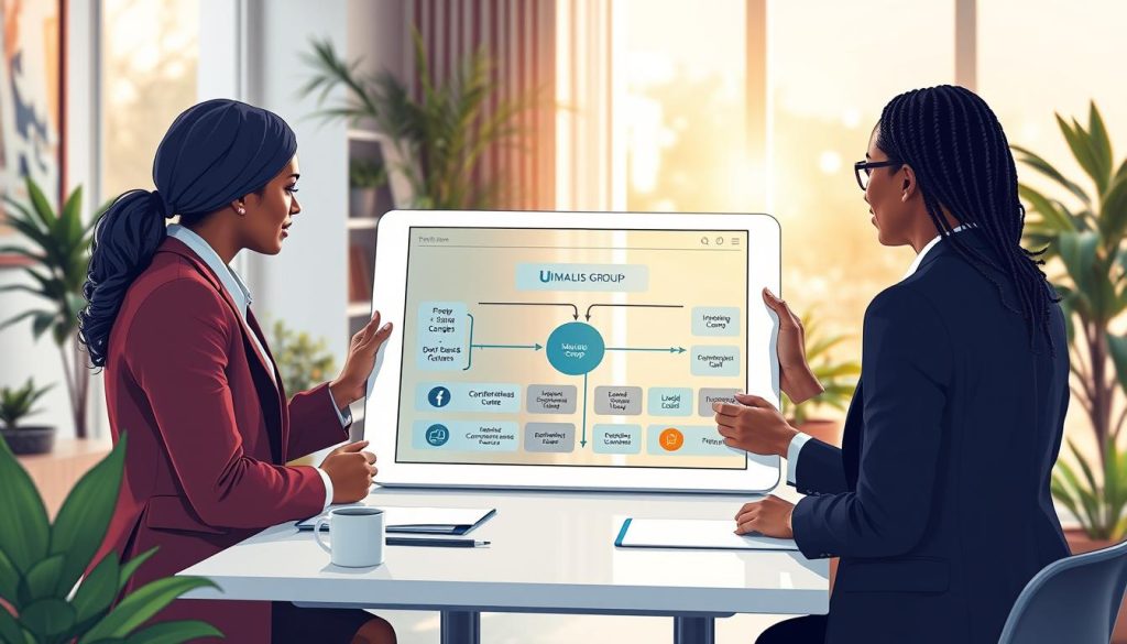 A professional and engaging illustration of "étapes du bilan de compétences" for an article section titled "Les étapes clés du bilan de compétences." The foreground features a diverse group of three individuals, dressed in formal business attire, engaged in a discussion around a large digital tablet displaying a flowchart of competency assessment stages. In the middle, a cozy office setting includes a modern desk with stationery and documents, complemented by plants for a calming atmosphere. The background portrays a well-lit room with a large window, letting in warm, soft sunlight, enhancing the friendly yet professional mood. The colors are balanced and inviting, while the branding for "Umalis Group" subtly integrates into the tablet design, ensuring the focus remains on the competency stages being discussed. A professional and engaging illustration of "étapes du bilan de compétences" for an article section titled "Les étapes clés du bilan de compétences." The foreground features a diverse group of three individuals, dressed in formal business attire, engaged in a discussion around a large digital tablet displaying a flowchart of competency assessment stages. In the middle, a cozy office setting includes a modern desk with stationery and documents, complemented by plants for a calming atmosphere. The background portrays a well-lit room with a large window, letting in warm, soft sunlight, enhancing the friendly yet professional mood. The colors are balanced and inviting, while the branding for "Umalis Group" subtly integrates into the tablet design, ensuring the focus remains on the competency stages being discussed.
