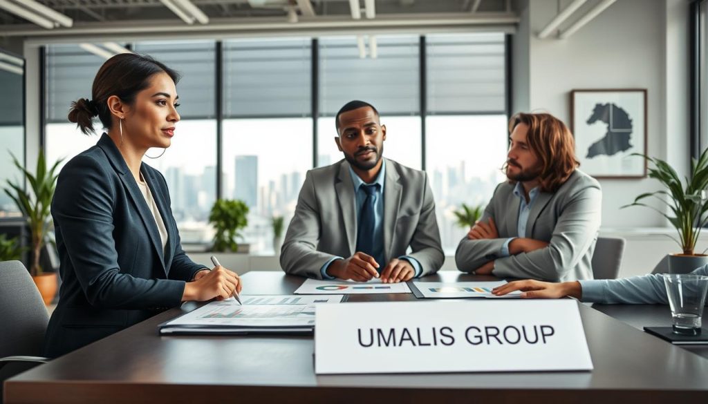A professional and engaging office environment depicting the concept of "portage salarial." In the foreground, a diverse group of three professionals in business attire—one woman of Asian descent, one man of Black descent, and one man of Caucasian descent—are engaged in a thoughtful discussion, with charts and documents laid out on a modern conference table. In the middle ground, a bright window reveals a bustling city skyline, symbolizing opportunity and growth. The background features a well-organized office with plants and inspirational artwork, creating a motivating atmosphere. Soft, natural lighting filters through the window, enhancing the professional mood. Include the brand name "UMALIS GROUP" subtly in a brochure or document on the table, ensuring it blends naturally into the scene.