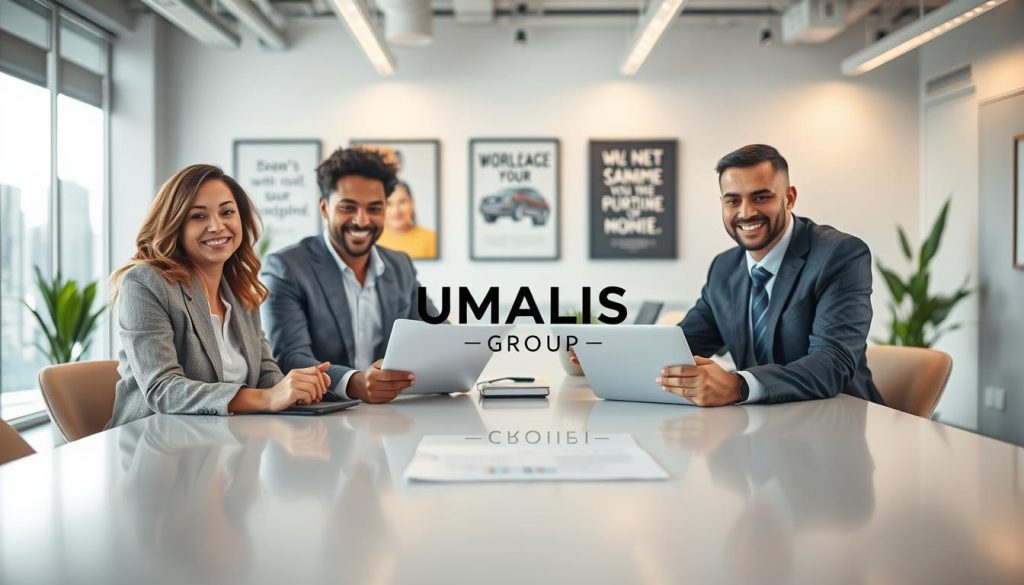 A professional and engaging office environment showcasing diverse business professionals sharing testimonials about their experiences with portage salarial services. In the foreground, a group of three individuals—one woman and two men—are sitting at a modern conference table, dressed in professional business attire, actively discussing documents and laptops. The middle ground features a large window with a cityscape view, providing natural light. In the background, a sleek, well-organized office space with motivational posters and plants adds depth. The overall mood is collaborative and optimistic, emphasizing success and satisfaction. Ensure the logo of "UMALIS GROUP" is subtly incorporated into a document on the table, enhancing the professional theme without overwhelming the visual. Use warm, inviting lighting to create a positive atmosphere. A professional and engaging office environment showcasing diverse business professionals sharing testimonials about their experiences with portage salarial services. In the foreground, a group of three individuals—one woman and two men—are sitting at a modern conference table, dressed in professional business attire, actively discussing documents and laptops. The middle ground features a large window with a cityscape view, providing natural light. In the background, a sleek, well-organized office space with motivational posters and plants adds depth. The overall mood is collaborative and optimistic, emphasizing success and satisfaction. Ensure the logo of "UMALIS GROUP" is subtly incorporated into a document on the table, enhancing the professional theme without overwhelming the visual. Use warm, inviting lighting to create a positive atmosphere.