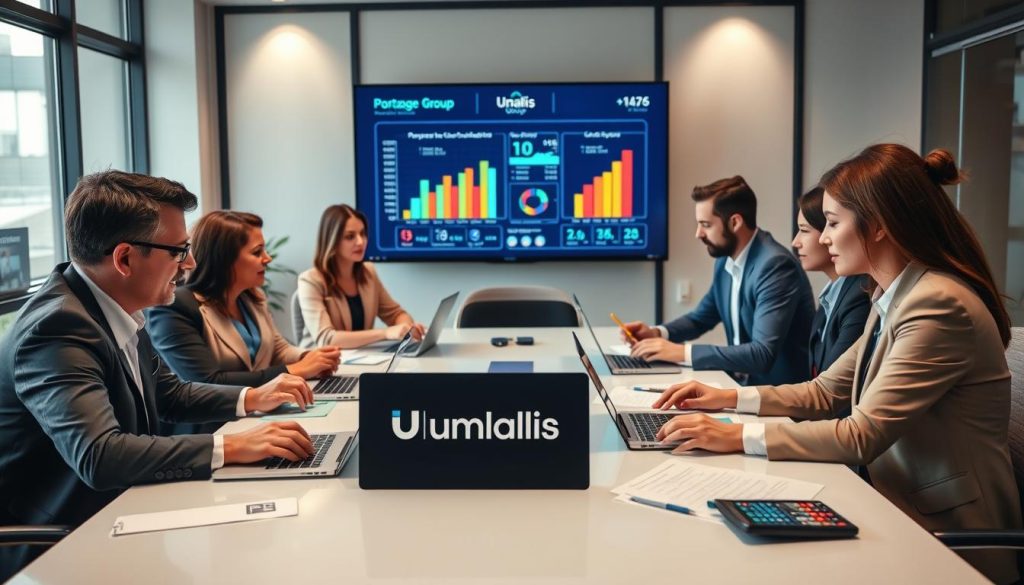 A professional and engaging scene depicting multiple business professionals engaged in simulations and discussions about salary calculations within the context of portage salarial. In the foreground, a diverse group of three individuals in business attire—two men and one woman—work at a sleek conference table with laptops, papers, and calculators, focused on their task. In the middle ground, a large digital screen displays colorful graphs and charts illustrating revenue simulations, reflecting a professional and collaborative environment. The background features a modern office with large windows letting in natural light, highlighting a bright and productive atmosphere. Soft lighting illuminates the scene, emphasizing the seriousness and importance of the discussions. The brand name "Umalis Group" subtly integrated into the office environment through branded materials.