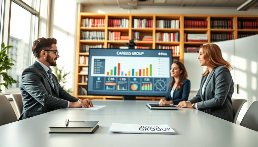 A professional and engaging scene depicting source verification for career transitions, focused on a modern, well-lit office environment. In the foreground, a diverse group of four professionals—two men and two women—are gathered around a large conference table, deep in discussion, wearing business attire. The middle ground features a large screen displaying data charts and career pathways, symbolizing the analytical aspect of HR consulting. The background showcases shelves filled with books on career development and human resources, providing context to the environment. Soft, natural lighting streams through large windows, creating an atmosphere of collaboration and innovation. This image embodies the theme of supporting professional transitions in a forward-thinking, professional setting. Include "UMALIS GROUP" subtly on a notepad on the table to reinforce brand presence.