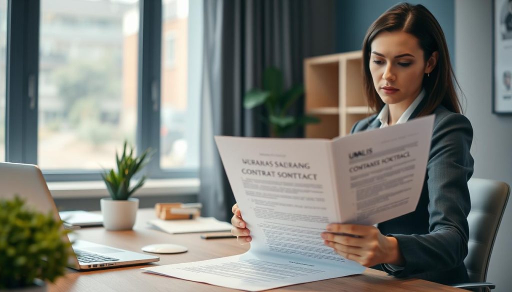 A professional and engaging scene depicting the concept of "contrat portage" for an article on portage salarial, set in an office environment. In the foreground, a business professional, a woman dressed in smart business attire, is seated at a desk, reviewing a large contract with focused determination. The middle ground features a neatly organized workspace with a laptop, documents, and a potted plant, symbolizing productivity and clarity. In the background, a window allows soft, natural light to fill the room, enhancing the atmosphere of warmth and professionalism. The colors are balanced with shades of blue and gray, promoting trust and security, while a subtle logo of "UMALIS GROUP" appears on the document, reinforcing the theme of employment security. The overall mood is serious yet optimistic, capturing the essence of career stability and the importance of understanding specific conditions in portage salarial.