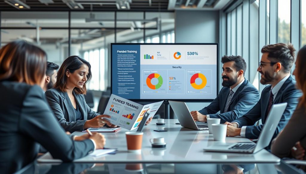 A professional and engaging scene showcasing a diverse group of individuals in a modern office environment. In the foreground, a woman in a smart business outfit is attentively reviewing a training program brochure with a male colleague dressed in professional attire. They sit at a sleek conference table surrounded by laptops, notepads, and coffee cups, embodying collaboration and learning. In the middle ground, a digital screen displays relevant information about funded training opportunities, illustrated with pie charts and graphs that represent financing options. The background features large windows allowing natural light to flood the space, creating a bright and inviting atmosphere. The overall mood is focused and optimistic, emphasizing security and expertise in professional development.