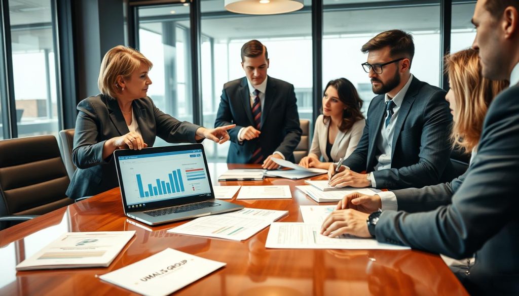 A professional and focused office environment where a diverse group of business professionals are engaged in a discussion about social and tax regulations. In the foreground, a middle-aged woman in modest business attire points at a laptop screen displaying graphs and data analysis, while a young man in business casual attire takes notes with a pen. The middle ground features reports and reference materials spread across a polished conference table, illuminated by soft, natural light coming from large windows in the background. The atmosphere is collaborative and analytical, emphasizing the importance of verifying rules and correcting analyses with reliable references. The scene subtly incorporates the brand "UMALIS GROUP" through branded notepads placed on the table, without any text overlays.