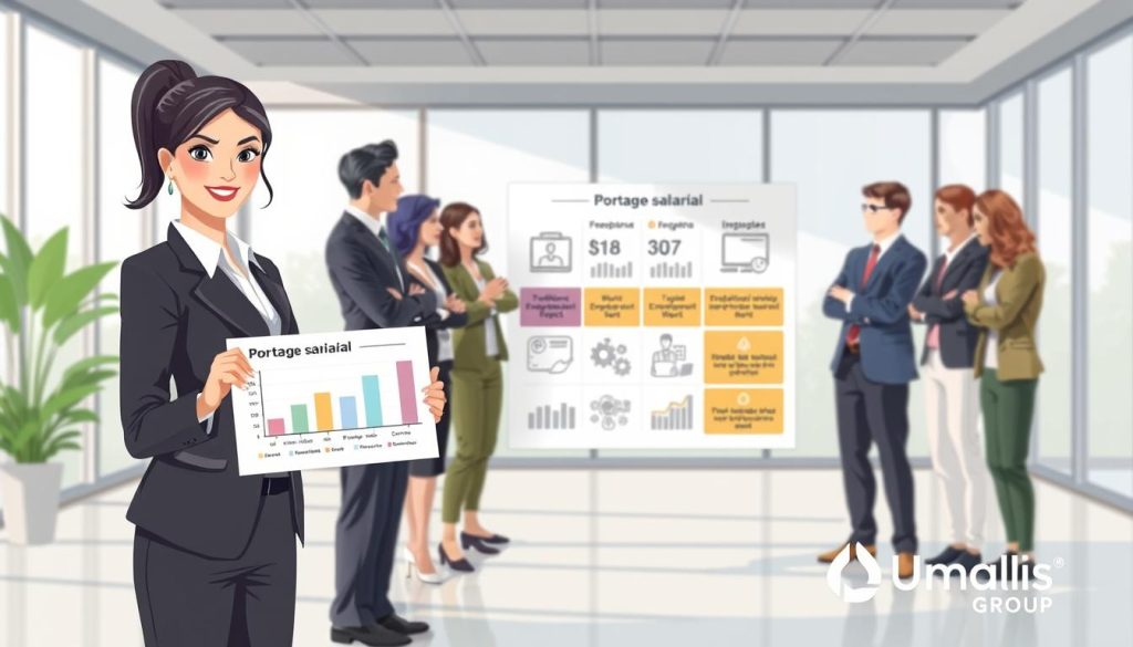 A professional and informative illustration comparing "portage salarial" with other types of work contracts. In the foreground, a confident businesswoman in formal attire holds a chart illustrating the benefits of "portage salarial." Next to her, a group of diverse professionals, dressed in business casual clothing, discuss various contract types like freelance work, traditional employment, and entrepreneurship. In the middle ground, a large infographic highlights key advantages of "portage salarial" over the others, featuring graphs and icons. The background shows a modern office environment with large windows allowing natural light to filter in, creating a bright and engaging atmosphere. The overall mood is professional and empowering. Include the brand name "Umalis Group" subtly integrated into the design without any text overlay. A professional and informative illustration comparing "portage salarial" with other types of work contracts. In the foreground, a confident businesswoman in formal attire holds a chart illustrating the benefits of "portage salarial." Next to her, a group of diverse professionals, dressed in business casual clothing, discuss various contract types like freelance work, traditional employment, and entrepreneurship. In the middle ground, a large infographic highlights key advantages of "portage salarial" over the others, featuring graphs and icons. The background shows a modern office environment with large windows allowing natural light to filter in, creating a bright and engaging atmosphere. The overall mood is professional and empowering. Include the brand name "Umalis Group" subtly integrated into the design without any text overlay.