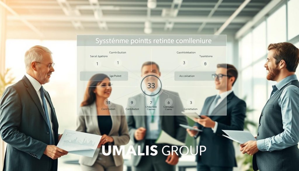 A professional and informative illustration depicting the concept of a complementary retirement points system. In the foreground, a diverse group of three business professionals in smart attire are engaged in a discussion, analyzing charts and graphs that represent retirement points accumulation. The middle layer features a large, stylized diagram showcasing the "système points retraite complémentaire" with an emphasis on connection lines and numbers, symbolizing various contributions. The background displays an office setting with soft, natural lighting filtering through large windows, conveying a productive atmosphere. The overall mood is professional and optimistic, emphasizing the importance of planning for retirement. The brand name "UMALIS GROUP" is subtly integrated into the design of the diagram, enhancing the visual while maintaining focus on the subject. A professional and informative illustration depicting the concept of a complementary retirement points system. In the foreground, a diverse group of three business professionals in smart attire are engaged in a discussion, analyzing charts and graphs that represent retirement points accumulation. The middle layer features a large, stylized diagram showcasing the "système points retraite complémentaire" with an emphasis on connection lines and numbers, symbolizing various contributions. The background displays an office setting with soft, natural lighting filtering through large windows, conveying a productive atmosphere. The overall mood is professional and optimistic, emphasizing the importance of planning for retirement. The brand name "UMALIS GROUP" is subtly integrated into the design of the diagram, enhancing the visual while maintaining focus on the subject.