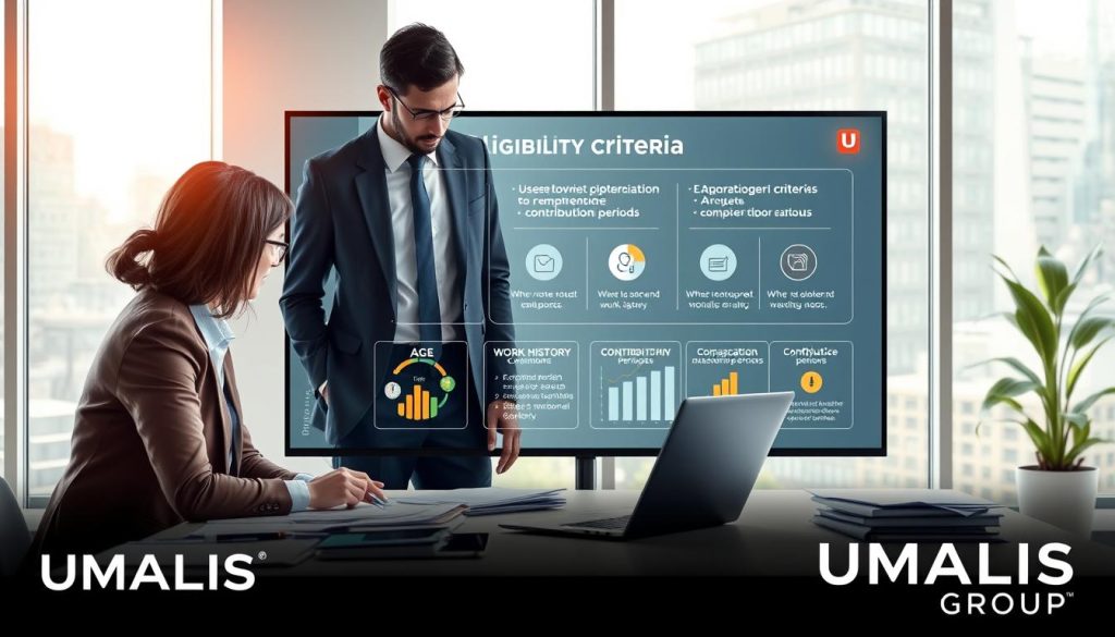 A professional and informative illustration of "eligibility criteria for unemployment benefits" as it pertains to portage salarial. In the foreground, a diverse group of three business professionals, dressed in smart business attire, discuss eligibility criteria over a table cluttered with paperwork and a laptop displaying graphs. In the middle ground, a large, interactive digital screen is showcasing key points of the criteria, like age, work history, and contribution periods, in visually engaging infographics. The background features a modern office environment with large windows allowing natural light to flood in, creating a bright and positive atmosphere that emphasizes a sense of professionalism and clarity. Include the brand name "UMALIS GROUP" subtly incorporated into the design, ensuring it enhances the overall composition without being obtrusive.