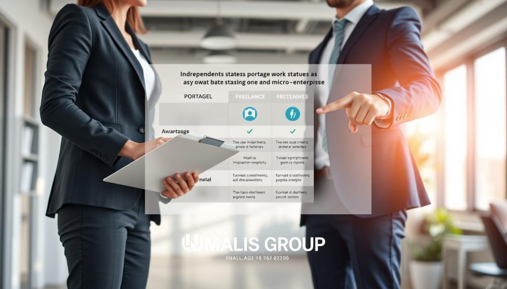 A professional and informative image illustrating the comparison between different independent work statuses: portage salarial, freelance, and micro-enterprise. In the foreground, depict two business people in smart casual attire, one holding a clipboard and the other pointing at a chart comparing the advantages of each status. The middle ground should feature a large infographic with clear visual elements highlighting key differences, such as tax implications and benefits, designed with modern, easy-to-read symbols. In the background, incorporate a blurred office setting bathed in natural light to create a collaborative atmosphere. The composition should suggest clarity and professionalism, reflecting energies of innovation and collaboration. Include subtle branding of "UMALIS GROUP" in a professional context, enhancing the corporate tone.