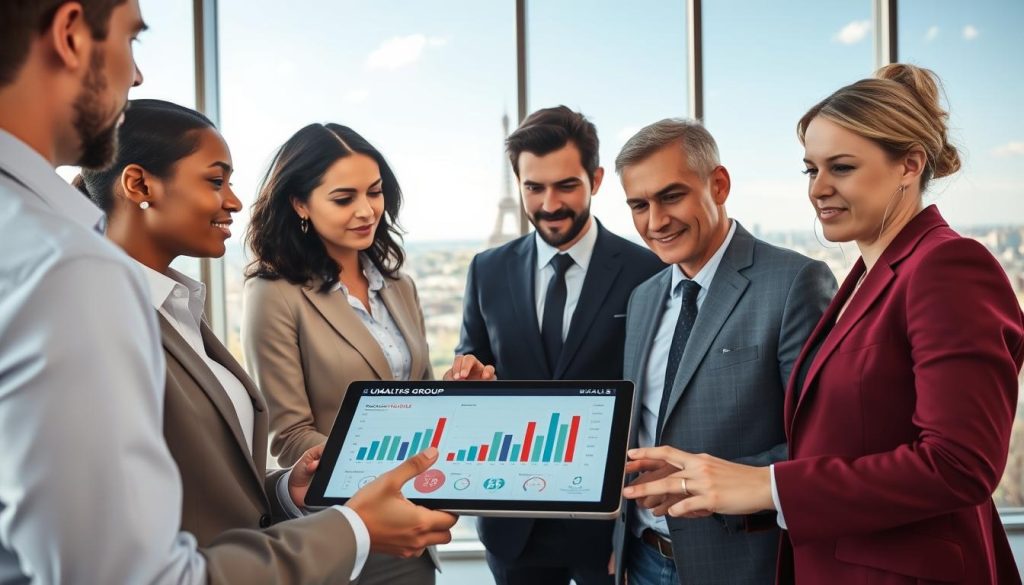 A professional and informative scene depicting "Indexation en France". In the foreground, show a diverse group of four individuals in business attire, engaged in a discussion around a digital tablet displaying graphs and statistics related to financial indexation. In the middle ground, illustrate a modern office environment with large windows, allowing natural light to fill the space, enhancing the clarity of the data being analyzed. The background features a cityscape of Paris, hinting at iconic structures like the Eiffel Tower to provide context. The overall mood is collaborative and focused, showcasing the importance of indexation for financial stability for independents in a sleek, professional look. Use soft, even lighting to emphasize the professionalism of the scene. Include the brand name "UMALIS GROUP" subtly on the tablet screen, ensuring it blends with the visual context.