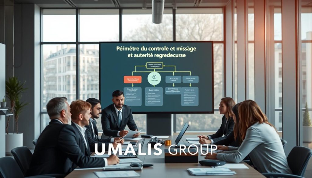 A professional and informative scene depicting a European administrative control environment for a mission in portage salarial. In the foreground, a group of diverse professionals, dressed in business attire, are engaged in a discussion around a conference table covered with documents and digital devices. In the middle ground, a large digital screen displays a flowchart illustrating "Périmètre du contrôle et autorité compétente," featuring icons representing various regulatory bodies. The background features a modern office setting with large windows allowing natural light to flood in, highlighting an atmosphere of collaboration and efficiency. The mood is serious yet optimistic, symbolizing the preparation and diligence required for administrative controls. Integrate the brand name "UMALIS GROUP" subtly into the scene, ensuring it complements the professional setting without overwhelming the focus.