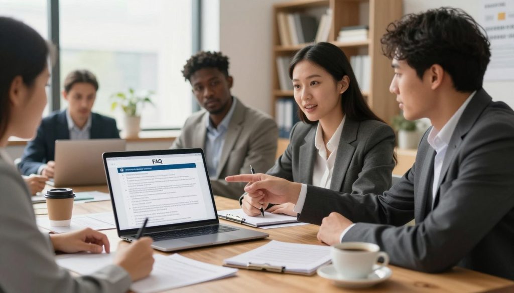 A professional and informative scene depicting a "FAQ" on portage salarial. In the foreground, a polished wooden desk with a laptop open, displaying a FAQ page, surrounded by neatly organized papers and a cup of coffee. In the middle, a diverse group of professionals in business attire engaged in a discussion, pointing at the screen and making notes. One person, a woman of Asian descent, is explaining a point enthusiastically, while a man of African descent listens attentively. The background features a bright office space with large windows, letting in soft natural light, and shelves filled with books on employment and management. The atmosphere is collaborative and focused, conveying a sense of professionalism and learning. A professional and informative scene depicting a "FAQ" on portage salarial. In the foreground, a polished wooden desk with a laptop open, displaying a FAQ page, surrounded by neatly organized papers and a cup of coffee. In the middle, a diverse group of professionals in business attire engaged in a discussion, pointing at the screen and making notes. One person, a woman of Asian descent, is explaining a point enthusiastically, while a man of African descent listens attentively. The background features a bright office space with large windows, letting in soft natural light, and shelves filled with books on employment and management. The atmosphere is collaborative and focused, conveying a sense of professionalism and learning.
