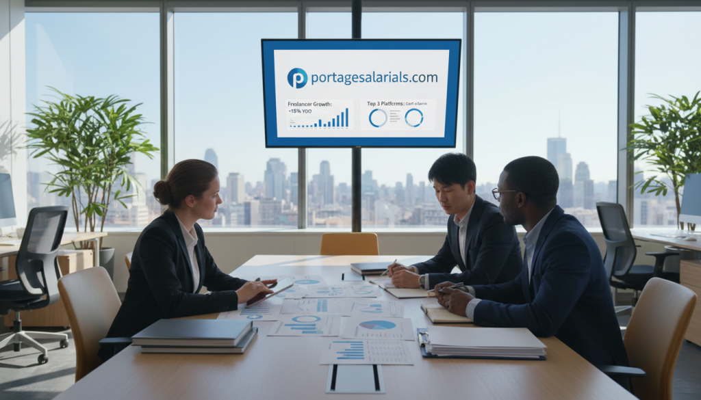 A professional and informative scene depicting a comparison of employment management companies for freelancers. In the foreground, three individuals in business attire, representing diverse backgrounds, are engaged in a thoughtful discussion around a table filled with comparison charts and financial documents. The middle ground showcases a modern office setting, with large windows allowing natural light to flood the room, illuminating the scene. A digital screen displays the logo of portagesalarials.com and insightful statistics about employment management companies. The background features contemporary office furniture with plants, enhancing the overall atmosphere of professionalism and clarity. The mood is focused and collaborative, emphasizing the importance of making informed choices without surprises. The image should be bright, well-lit, and inviting, capturing the essence of professionalism and thorough inquiry.