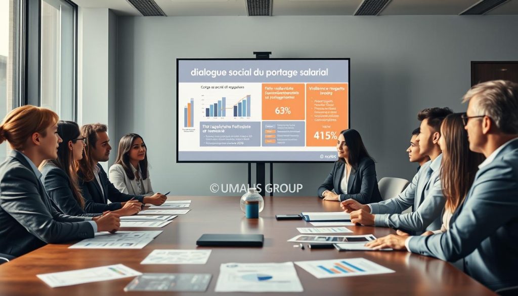 A professional and informative scene depicting a discussion on "portage salarial" regulations. In the foreground, a diverse group of professionals in business attire are engaged in a serious conversation around a conference table, with documents and charts on the table showcasing data about the subject. The middle ground features a large presentation screen displaying graphs and key points related to "dialogue social du portage salarial," emphasizing vigilance for the year 2026. In the background, the modern office environment is illuminated by soft natural lighting from large windows, creating a calm and focused atmosphere. The brand name "UMALIS GROUP" is subtly integrated into the scene. The camera angle captures the dynamics of the conversation while maintaining a professional and inviting mood.