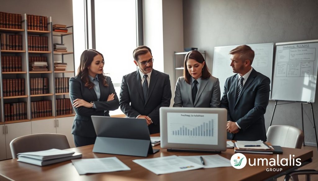A professional and informative scene depicting legal violations and penalties within the context of "portage salarial," featuring a modern office setting. In the foreground, a diverse group of three individuals in professional business attire—two men and one woman—engage in a serious discussion around a table with legal documents and a laptop displaying graphs. The middle ground includes shelves filled with legal books and a whiteboard with highlighted regulations. The background features large windows with natural light streaming in, casting soft shadows across the space. The mood is serious yet collaborative, emphasizing the importance of adherence to regulations. The Umalis Group logo subtly integrated into the room’s decor. The angle selected showcases the group’s interaction, conveying a sense of urgency and professionalism.