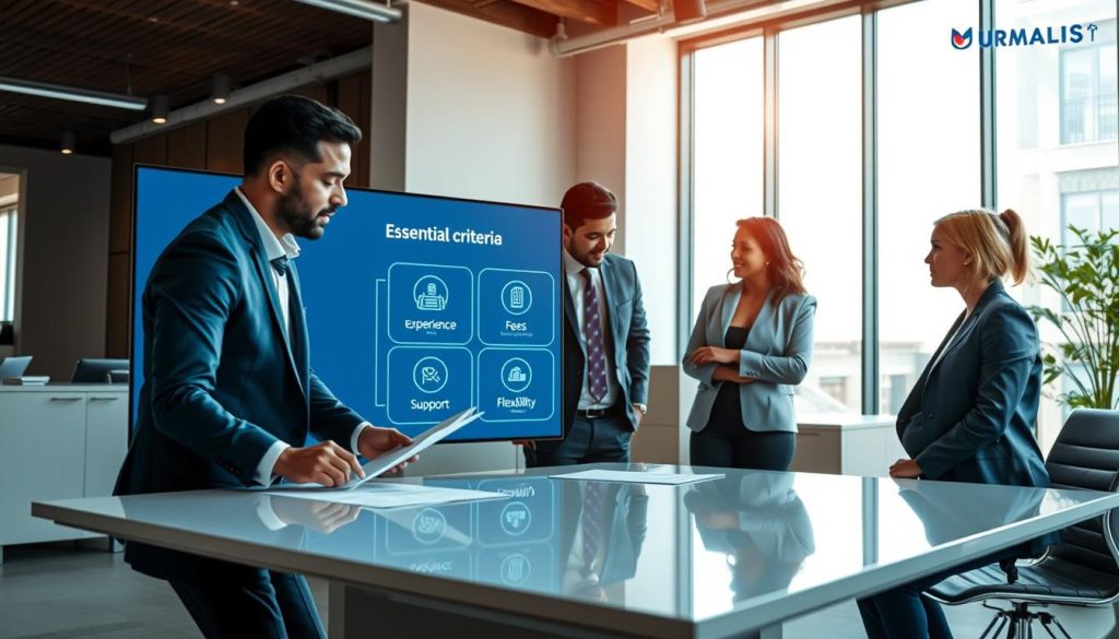 A professional and informative scene depicting the essential criteria for choosing a company for salary portage, with a focus on the brand "Umalis Group". In the foreground, a diverse group of three professionals in business attire are engaged in discussion, reviewing documents on a sleek modern table. The middle ground features a large digital screen displaying key criteria, such as "Experience", "Fees", "Support", and "Flexibility", with icons representing each category. The background shows a contemporary office space with minimalist decor and large windows allowing natural light to illuminate the scene. The mood is collaborative and focused, emphasizing professionalism and clarity. The angle is slightly elevated, capturing both the engaging conversation and the informative display.