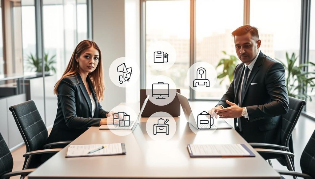 A professional and informative scene depicting various types of professional expenses in the context of portage salarial. In the foreground, show a diverse group of three professionals, a woman and two men, dressed in smart business attire, engaging in a discussion around a modern conference table with laptops and notepads open. In the middle, illustrate distinct categories of expenses as icons or infographics, such as travel, equipment, office supplies, and training, subtly integrated into the scene. The background features a sleek office environment with large windows allowing natural light to flood the room, creating a bright and productive atmosphere. Use a balanced composition and soft lighting to evoke a sense of focus and professionalism. The mood should be serious yet collaborative, highlighting the importance of understanding these expenses in the business world. A professional and informative scene depicting various types of professional expenses in the context of portage salarial. In the foreground, show a diverse group of three professionals, a woman and two men, dressed in smart business attire, engaging in a discussion around a modern conference table with laptops and notepads open. In the middle, illustrate distinct categories of expenses as icons or infographics, such as travel, equipment, office supplies, and training, subtly integrated into the scene. The background features a sleek office environment with large windows allowing natural light to flood the room, creating a bright and productive atmosphere. Use a balanced composition and soft lighting to evoke a sense of focus and professionalism. The mood should be serious yet collaborative, highlighting the importance of understanding these expenses in the business world.