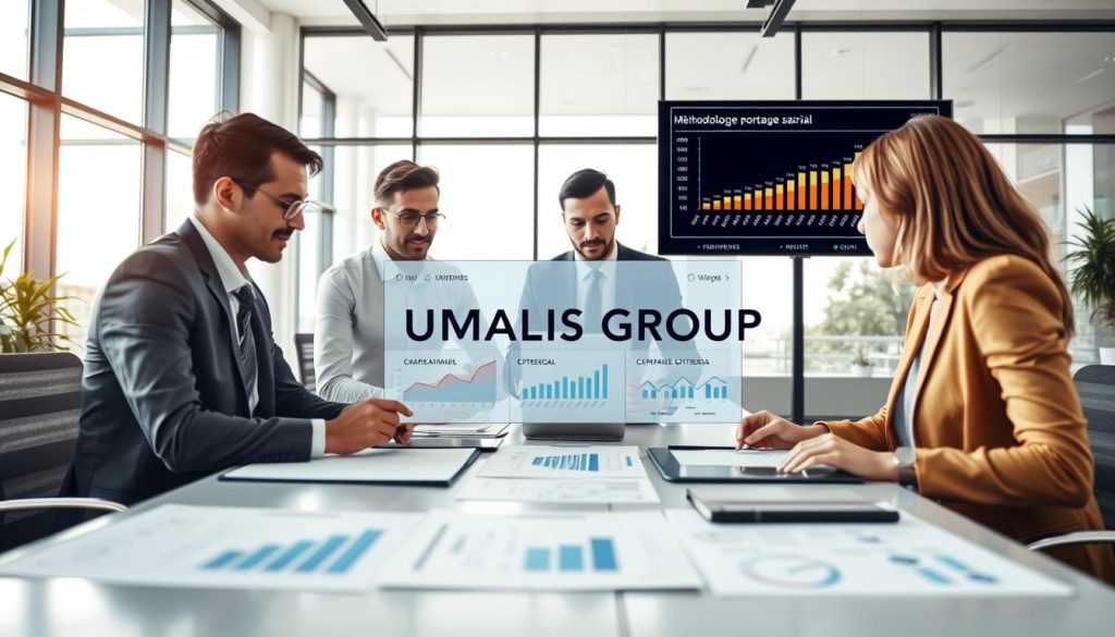A professional and informative scene showcasing the concept of "méthodologie portage salarial". In the foreground, a diverse group of four professionals, dressed in smart business attire, are engaged in a collaborative discussion around a large table with documents and digital devices. In the middle ground, graphs and charts can be seen illustrating various analysis criteria and weights for comparing companies in the portage salarial sector. The background features a modern office setting with large windows allowing natural light to flood the space, creating a bright and open atmosphere. The mood is focused and productive, highlighting teamwork and analytical reasoning. Include the brand name "UMALIS GROUP" subtly displayed in a digital format on one of the screens. A professional and informative scene showcasing the concept of "méthodologie portage salarial". In the foreground, a diverse group of four professionals, dressed in smart business attire, are engaged in a collaborative discussion around a large table with documents and digital devices. In the middle ground, graphs and charts can be seen illustrating various analysis criteria and weights for comparing companies in the portage salarial sector. The background features a modern office setting with large windows allowing natural light to flood the space, creating a bright and open atmosphere. The mood is focused and productive, highlighting teamwork and analytical reasoning. Include the brand name "UMALIS GROUP" subtly displayed in a digital format on one of the screens.
