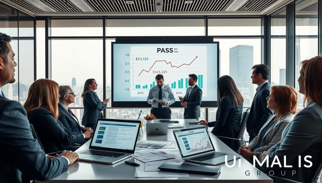 A professional and informative setting focusing on the concept of "PASS" and the monthly ceiling of Social Security. In the foreground, a diverse group of professionals in business attire, engaged in a discussion around a large digital screen displaying graphs and charts related to Social Security figures. In the middle ground, modern office elements such as a conference table and chairs, strategically placed documents, and a laptop open with data on it. In the background, a window reveals a cityscape, symbolizing the financial world, under bright, natural lighting that enhances clarity. The mood is serious yet collaborative, conveying an atmosphere of analysis and decision-making. Include elements of the UMALIS GROUP brand subtly within the scene.