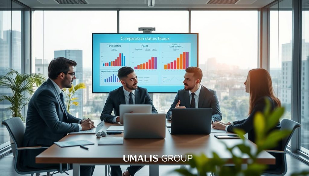 A professional and informative visual representation of "comparaison statuts fiscaux". In the foreground, a diverse group of three business professionals, two men and one woman, all dressed in smart business attire, are engaged in a discussion around a modern conference table with laptops and documents spread out. In the middle ground, a large digital screen displays comparative charts and graphs illustrating different tax statuses, with clear labels and vibrant colors. The background features a bright, contemporary office environment with glass walls, greenery, and city views. Natural light streams in from large windows, enhancing the educational atmosphere. The mood is focused and collaborative, emphasizing the importance of understanding various fiscal statuses in tax planning. Include the branding "UMALIS GROUP" subtly as part of the office decor.