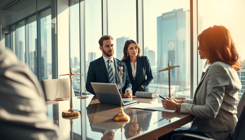 A professional and insightful depiction of the legal framework surrounding salary portage, set in a modern office environment. In the foreground, two business professionals, a man and a woman, are engaged in a focused discussion, both dressed in sharp business attire. The middle ground features an elegant conference table with legal documents, a laptop, and a balance scale symbolizing justice. In the background, large windows reveal a cityscape, suggesting a bustling corporate atmosphere with soft natural light streaming in, creating a warm and inviting mood. The camera angle is slightly elevated, capturing the professionals’ expressions of determination and collaboration, emphasizing the importance of understanding legal and regulatory aspects of salary portage. A professional and insightful depiction of the legal framework surrounding salary portage, set in a modern office environment. In the foreground, two business professionals, a man and a woman, are engaged in a focused discussion, both dressed in sharp business attire. The middle ground features an elegant conference table with legal documents, a laptop, and a balance scale symbolizing justice. In the background, large windows reveal a cityscape, suggesting a bustling corporate atmosphere with soft natural light streaming in, creating a warm and inviting mood. The camera angle is slightly elevated, capturing the professionals’ expressions of determination and collaboration, emphasizing the importance of understanding legal and regulatory aspects of salary portage.