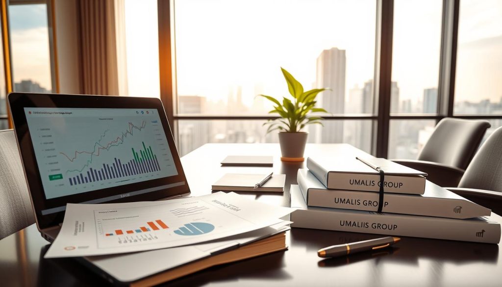 A professional and inspiring scene depicting tools for "portage salarial" in an elegant office setting. In the foreground, a sleek laptop open with financial graphs and training materials visible on the screen, alongside business books featuring the logo "UMALIS GROUP". In the middle, a stylish desk with a notepad, pen, and a vibrant plant, conveying a sense of organization. The background features a large window allowing soft, natural light to stream in, casting gentle shadows, and showcasing a view of a modern cityscape that symbolizes growth and opportunity. The atmosphere is motivational and collaborative, with a focus on professionalism and independence, inviting viewers to envision the keys to thriving in portage salarial.