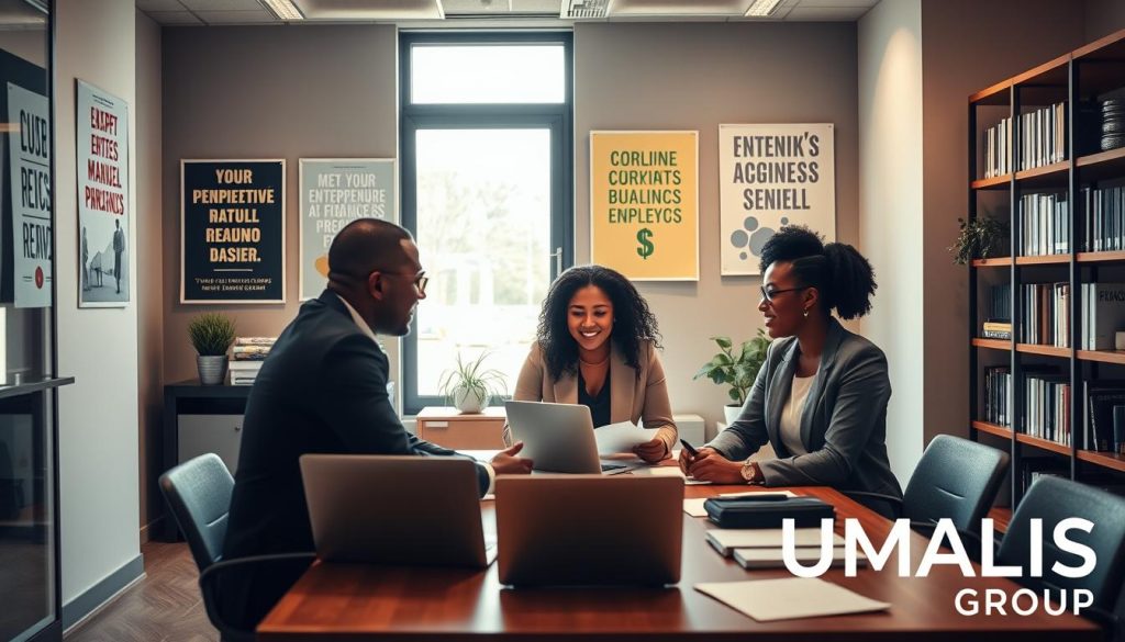 A professional and inviting office environment depicting a scene of "accompagnement portage salarial". In the foreground, a diverse group of three individuals in business attire engages in a collaborative discussion around a conference table with laptops and documents spread out. The middle ground features a large window allowing natural light to pour in, illuminating a modern office space adorned with motivational posters related to entrepreneurship and financial growth. In the background, shelves are filled with books on business management and strategy. The atmosphere is positive and focused, conveying a sense of professionalism and support. Soft, warm lighting enhances the welcoming vibe, while the camera angle captures the participants in an engaging and dynamic composition. In one corner, subtly incorporate the logo of UMALIS GROUP to denote the theme of guidance in salary portage.