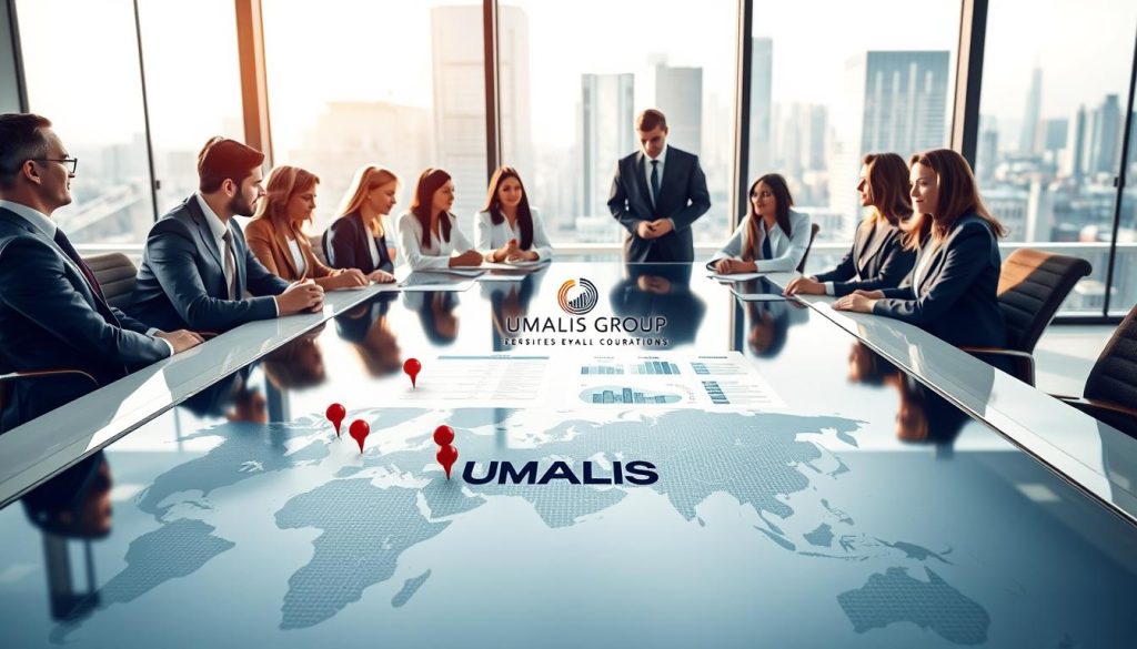 A professional and inviting office environment highlighting the advantages of international payroll management, featuring a diverse group of business professionals dressed in smart business attire engaged in a collaborative meeting around a sleek, modern conference table. The foreground shows a world map with pins, illustrating global connections, while the middle showcases charts and documents displaying financial benefits and ease of international employment. In the background, large windows reveal a bustling city skyline, bathed in soft, natural light that flows into the space, creating a warm yet professional atmosphere. The scene conveys productivity, teamwork, and global opportunity, subtly integrating the logo of UMALIS GROUP into the conference table design, emphasizing their role in enabling international payroll solutions.