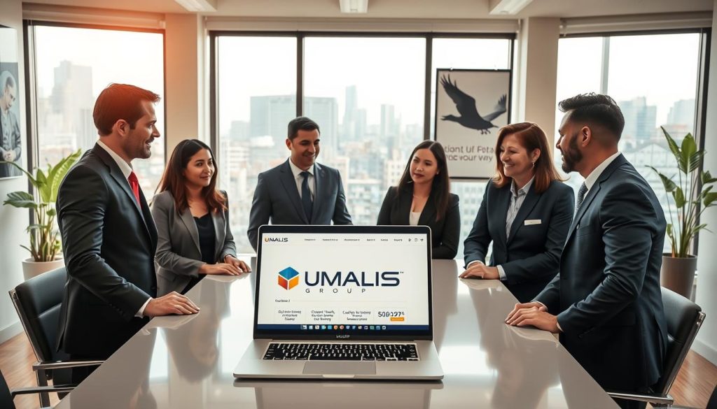 A professional and inviting office environment illustrating the concept of "choosing a company for portage salarial". In the foreground, a diverse group of business professionals, dressed in smart business attire, are engaged in discussion around a sleek conference table. One individual holds an open laptop showing a website with the logo "UMALIS GROUP" displayed prominently. In the middle ground, a large window offers a view of a bustling cityscape, symbolizing opportunity. The background features modern office decor, including potted plants and motivational artwork related to professional growth. Warm, natural lighting pours in from the window, creating an atmosphere of collaboration and trust. The angle should provide a clear view of the team dynamic and the digital interface while remaining visually balanced and professional. A professional and inviting office environment illustrating the concept of "choosing a company for portage salarial". In the foreground, a diverse group of business professionals, dressed in smart business attire, are engaged in discussion around a sleek conference table. One individual holds an open laptop showing a website with the logo "UMALIS GROUP" displayed prominently. In the middle ground, a large window offers a view of a bustling cityscape, symbolizing opportunity. The background features modern office decor, including potted plants and motivational artwork related to professional growth. Warm, natural lighting pours in from the window, creating an atmosphere of collaboration and trust. The angle should provide a clear view of the team dynamic and the digital interface while remaining visually balanced and professional.