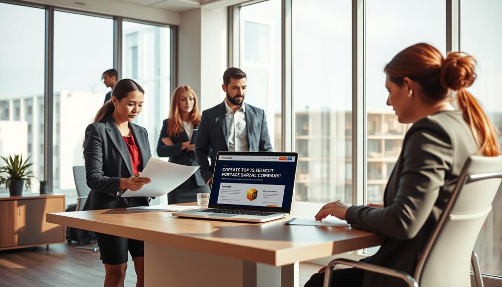 A professional and inviting office environment showcasing a diverse group of individuals discussing options for selecting a portage salarial company. In the foreground, a businesswoman in smart attire is reviewing documents on a sleek, modern desk, while a colleague offers insights nearby. In the middle ground, a laptop with the Umalis Group website is visible, displaying relevant information on portage salarial. The background features large windows allowing natural light to flood the space, creating a warm and collaborative atmosphere. Soft shadows enhance the sense of professionalism and trust. The scene should evoke a feeling of security and empowerment for freelancers, emphasizing the importance of choosing the right portage salarial company.