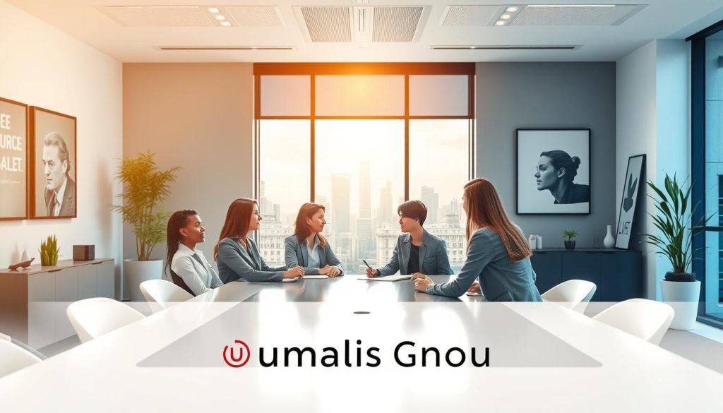 A professional and inviting office environment showcasing the concept of "autonomie portage salarial." In the foreground, a diverse group of professionals in business attire is engaged in a collaborative discussion around a sleek conference table, emphasizing teamwork and autonomy. In the middle, a large window reveals a bright cityscape, symbolizing opportunities and growth, with natural sunlight streaming in to create a warm atmosphere. The background features modern office decor, including potted plants and motivational artwork. The overall lighting is soft and inviting, conveying a sense of positivity and empowerment. The brand name "Umalis Group" is subtly integrated into the office design, reinforcing the connection to professional support. The scene radiates a mood of confidence and inspiration, perfect for illustrating the advantages of portage salarial.