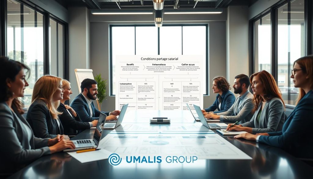 A professional and inviting office environment showcasing the concept of "conditions portage salarial." In the foreground, diverse individuals in business attire, including both men and women, engaged in discussions around a large conference table with laptops and documents. The middle space features charts and graphs outlining employment benefits, legal rights, and pathways to access the status of a salarié porté, symbolizing clarity and opportunity. In the background, large windows let in natural light, illuminating the scene and enhancing the atmosphere of collaboration and professionalism. The color scheme is warm and inviting with tones of blue and green, representing trust and growth. The brand "UMALIS GROUP" subtly integrated within the office décor, ensuring a cohesive look without overwhelming the scene.