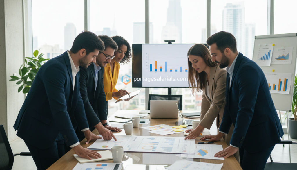 A professional and inviting office environment showcasing the concept of "salaire" in portage salarial. In the foreground, a diverse group of individuals dressed in smart business attire engage in a collaborative discussion over a large financial document. The middle ground features a modern conference table adorned with laptops, charts, and coffee cups, suggesting an active work session. In the background, large windows allow natural light to flood the space, creating a bright and motivational atmosphere. The scene captures a sense of teamwork and professionalism, with soft shadows enhancing the three-dimensional feel. The composition is dynamic, shot from a slightly elevated angle to encompass both the group and their environment harmoniously. The ambiance reflects optimism and productivity, symbolizing the advantages of portage salarial and how it shapes individual salaries. Include branding subtly as part of the office decor, with a logo or mention of "portagesalarials.com" present in the space.