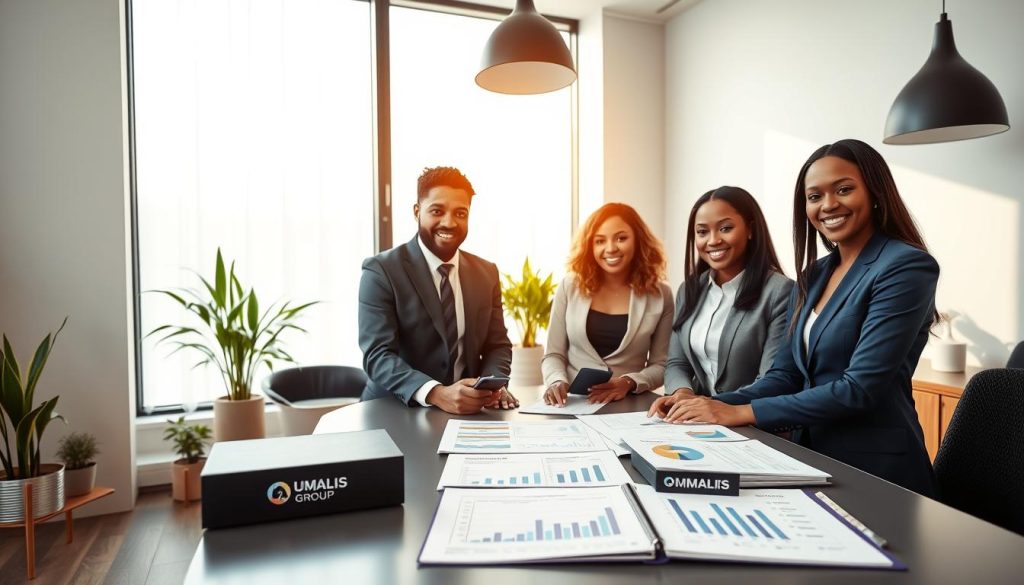 A professional and inviting office environment showcasing the concept of "salaire net portage salarial." In the foreground, a confident, diverse group of three individuals in smart business attire are discussing financial documents, with charts and graphs illustrating salary benefits and expenses on a sleek modern desk. In the middle ground, a large window allows soft natural light to illuminate the workspace, creating a warm and motivational atmosphere. The background features a minimalistic design with plants and modern decor that suggests professionalism and success. Include the logo of UMALIS GROUP subtly on a planner or document on the table. The overall mood is positive and focused, emphasizing financial clarity and growth opportunities for independent professionals.